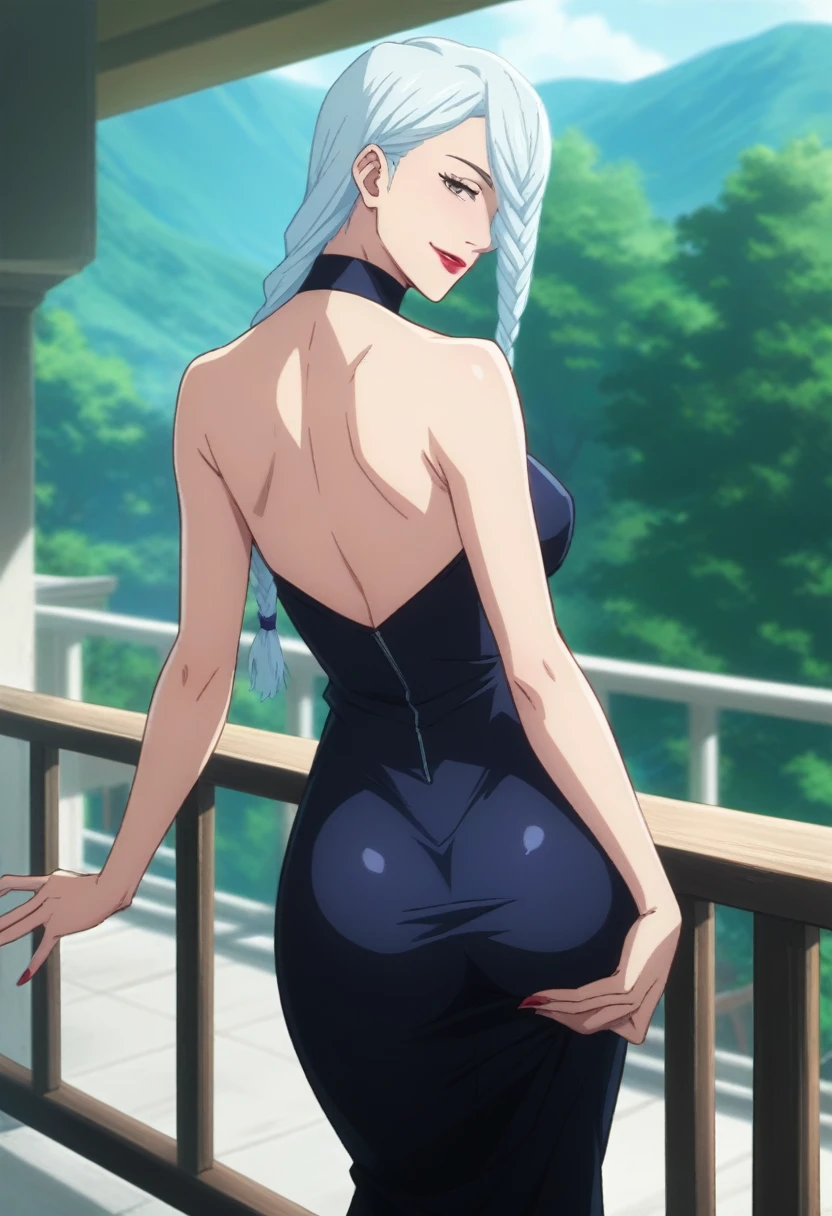 (((JJKstyle))), 1girl,Jujutsu Kaisen, long hair, white hair, hair over one eye,purple eyes, bikini 🌆🌌♥️💒✨💦🌃🍑👙🦵🛏️😏🥵🍖🍼💦 hair over one eye