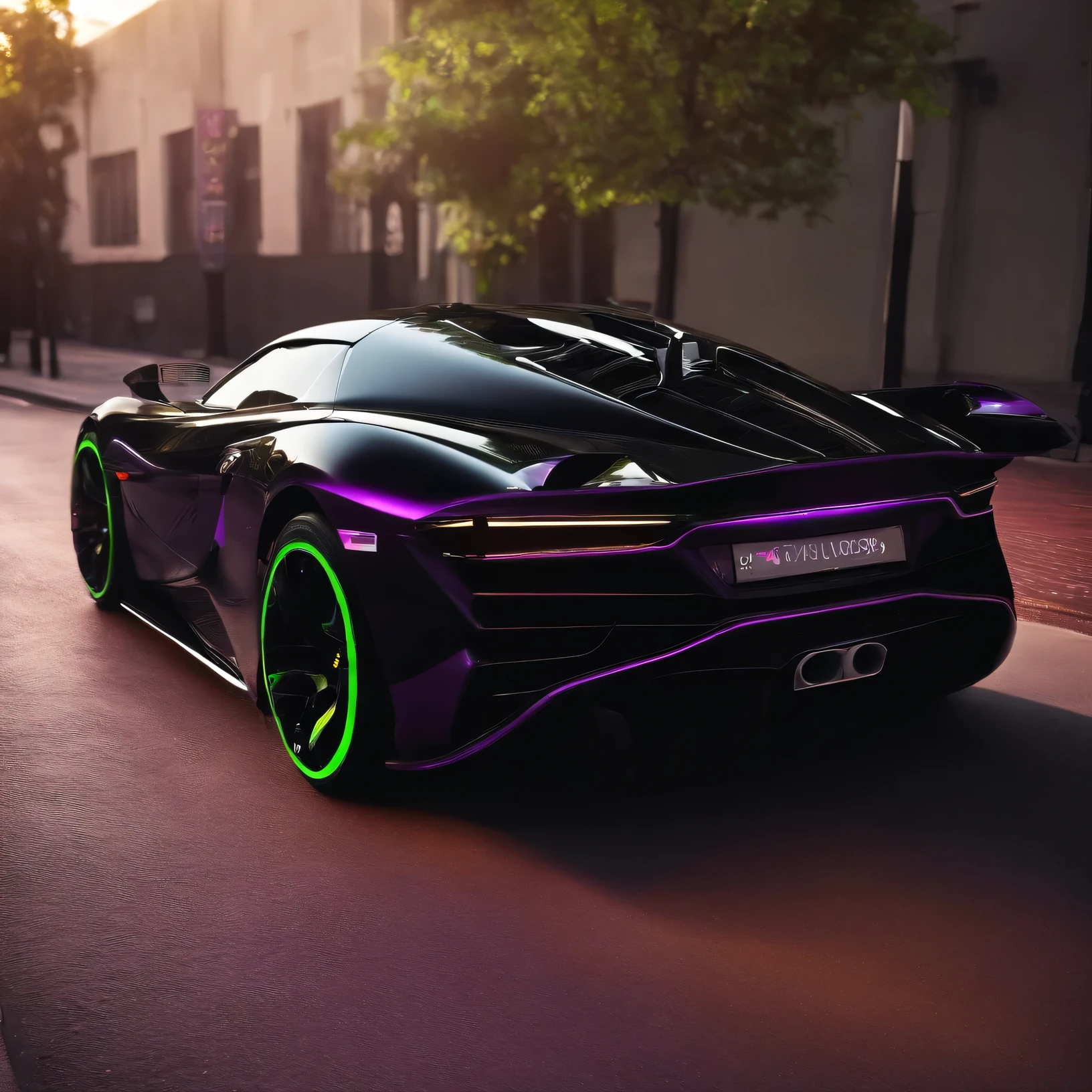 Black super robust car with green details and purple light