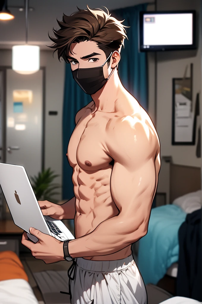 anime style, man with brown hair and brown eyes with his face covered with a mask, good physique, without clothes, desnudo en la cama, escribiendo en una laptop