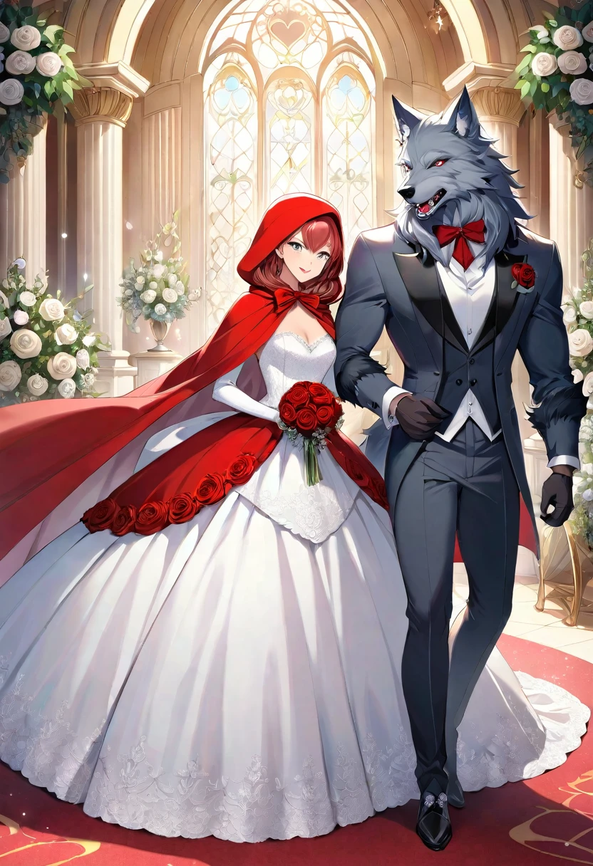 cover_page, Fairy tale wedding. Red Riding Hood, wolf man , elegant gown, hunter sharp suit, romantic, lavish decorations, ceremony, beauty and the beast,