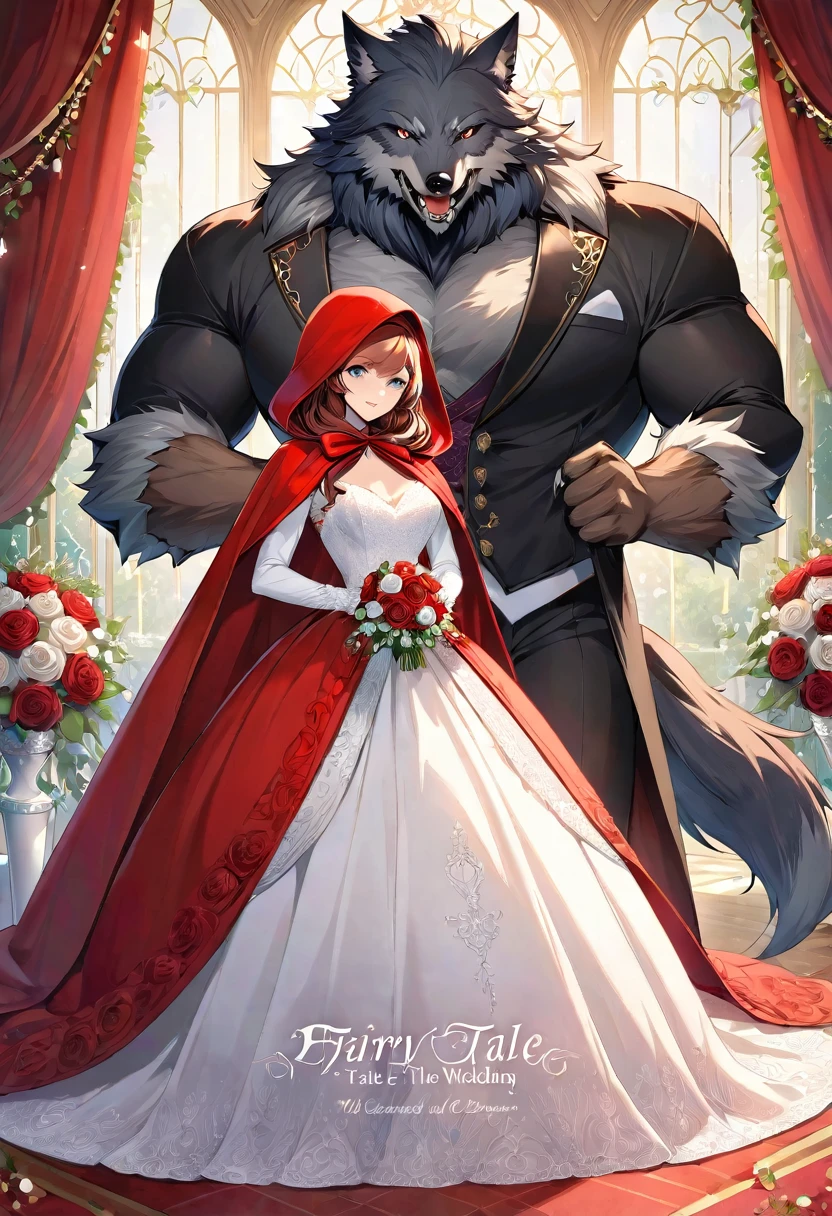 cover_page, Fairy tale wedding. Red Riding Hood, wolf man , elegant gown, hunter sharp suit, romantic, lavish decorations, ceremony, beauty and the beast,
