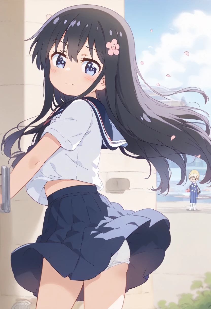 ((Pulling on clothes, Wind power increase, Pulling on skirt)), score_9, score_8_up, score_7_up, source_アニメ, masterpiece, 1girl, watahana, blue eyes, black hair, long hair, bangs, hair ornament, hair flower, pink flower, Blue long skirt、White underwear、(Strong wind 1.2)、(Inner thighs)、Embarrassed face、Very detailed、 Diffused sunlight, Written boundary depth, Particles of light, (Strong wind 1.1), blue sky, School Area、Subway ventilation vent、Falling petals, Face Focus, 
