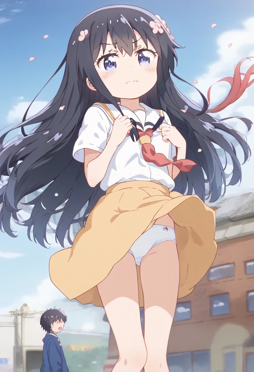 ((Pulling on clothes, Wind power increase, Pulling on skirt)), score_9, score_8_up, score_7_up, source_アニメ, masterpiece, 1girl, watahana, blue eyes, black hair, long hair, bangs, hair ornament, hair flower, pink flower, Blue long skirt、White underwear、(Strong wind 1.2)、(Inner thighs)、Embarrassed face、Very detailed、 Diffused sunlight, Written boundary depth, Particles of light, (Strong wind 1.1), blue sky, School Area、Subway ventilation vent、Falling petals, Face Focus,