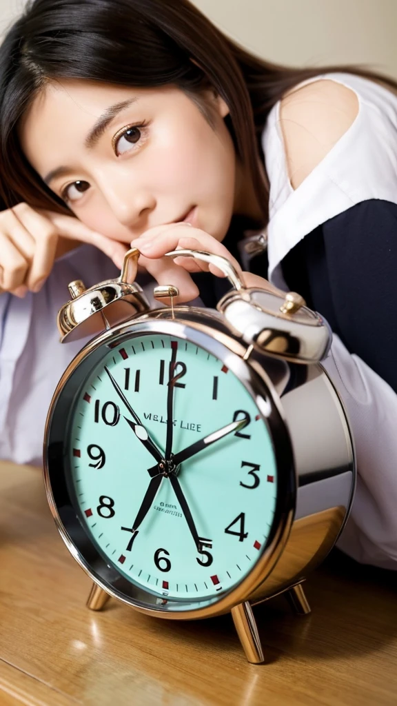 A beautiful Japanese woman overslept because her alarm clock was incredibly broken and didn't go off.