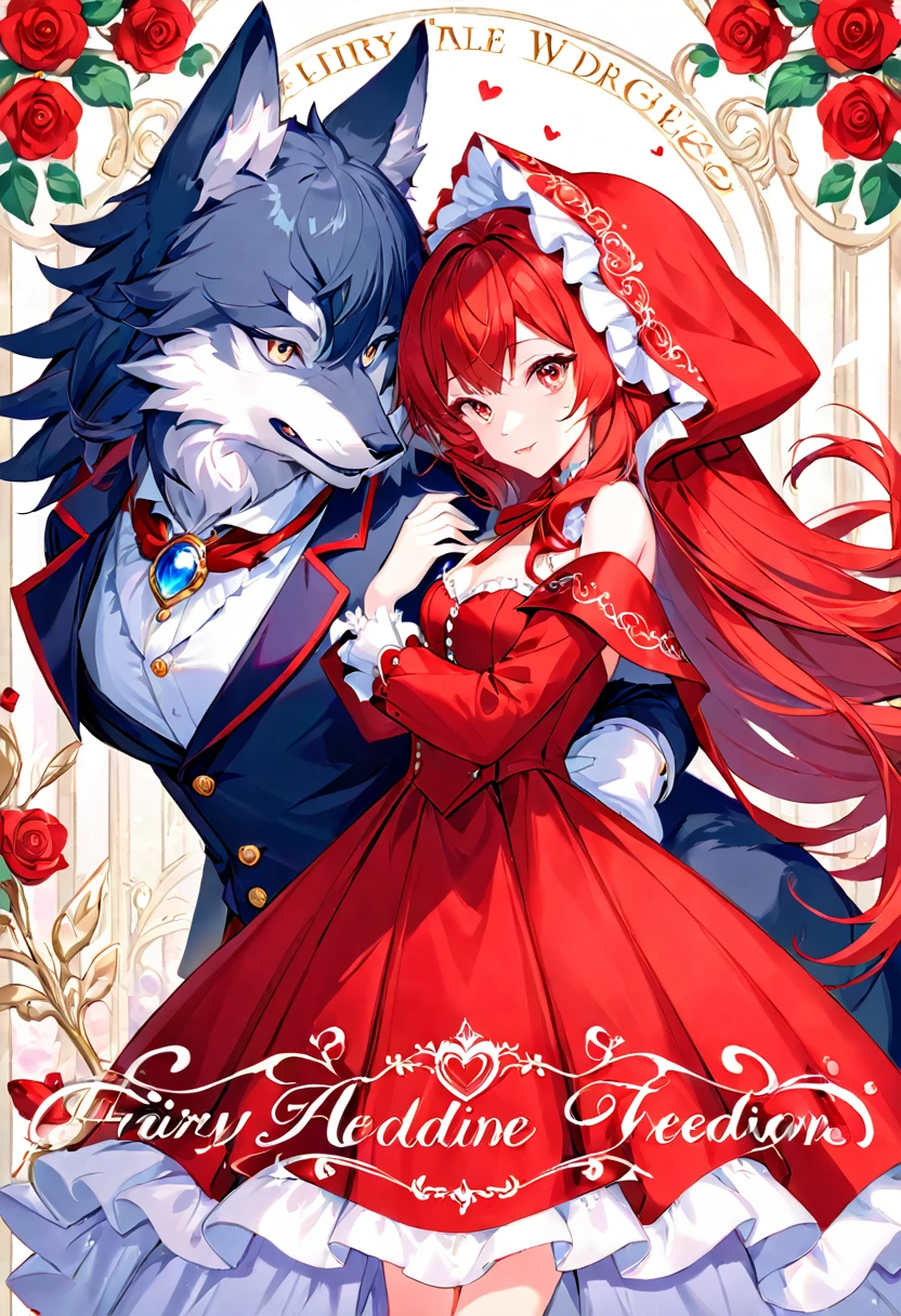 cover_page, Fairy tale wedding. Red Riding Hood, wolf man , elegant gown, hunter sharp suit, romantic, lavish decorations, ceremony, beauty and the beast,