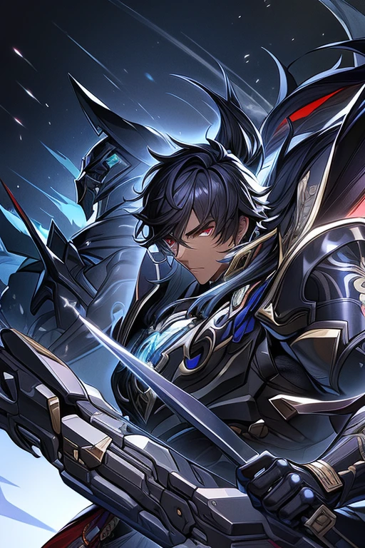 (work of art, best qualityer, face perfect, expressive eyes), darkskin, Black Knight Armor, black leather cover, details Intricate, black breastplate, a male anime,single character, short black hair with white highlights, barba, visual novel sprite, detailed black armor, high qualiy, cinematic, dramatic pose, details Intricate, swirly vibrant colors, work of art, impacto genshin. 