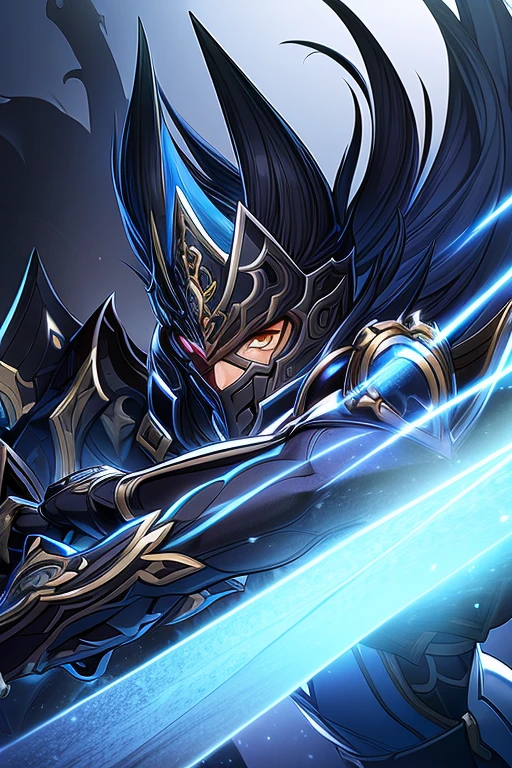 (work of art, best qualityer, face perfect, expressive eyes), darkskin, Black Knight Armor, black leather cover, details Intricate, black breastplate, a male anime,single character, short black hair with white highlights, barba, visual novel sprite, detailed black armor, high qualiy, cinematic, dramatic pose, details Intricate, swirly vibrant colors, work of art, impacto genshin.