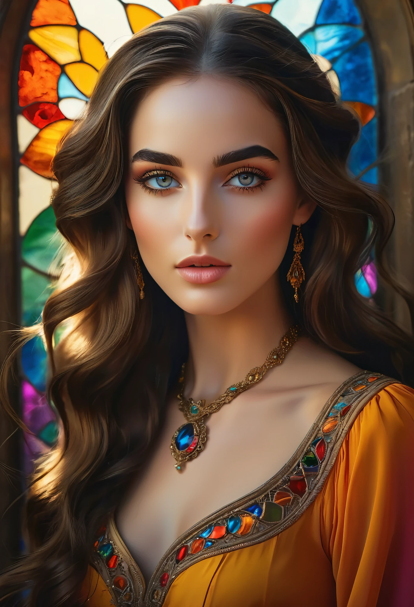 (masterpiece, Highest quality, Highest quality, Official Art, beautifully, aesthetic:1.2),(One girl:1.3), One girl BREAK stained glass a, (She is half French, and is a stunning beauty with detailed eyes and a high nose:1.1), thick eyebrows, detailed facial features, long graceful neck, rt, Colored Glass, Lead wire, Light transmission BREAK Vivid colors, Intricate Design, Glowing effect, Spiritual atmosphere, (She is half French, and is a stunning beauty with detailed eyes and a high nose:1.1), thick eyebrows, detailed facial features, long graceful neck, flowing locks of hair, poised and elegant posture, dreamy atmosphere, Surrealism, mystical aura, Charlie Bowater,