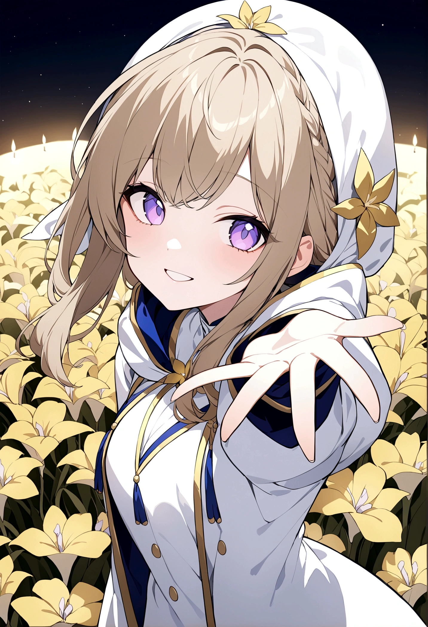 (masterpiece, 32k, 8k) a 17 year old girl, (looking at the sky with her hand stretched high), (character looking at the viewer), priestess coat, hood on her head, light brown hair, eyes colorful like a bow iris, (beautiful and heavenly face, cheerful smile 1.5), candlelit hall, (gold flower field background)