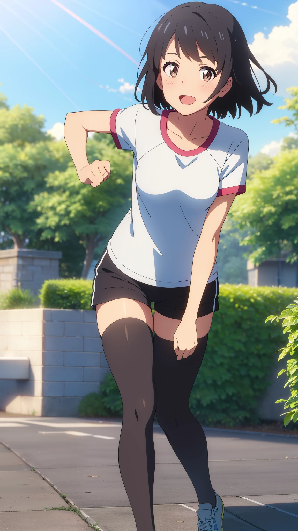 shinkai makoto, kimi no na wa., 1girl, bangs, black hair, blush, bright eyes, brown eyes, looking at the viewer, red headband, casual clothes, white t-shirt, black shorts, black thighhighs, short hair, medium breasts, solo, day, outdoors, shinny skin, smile, happy, :D, blue_sky, sunlight, summer_season, scenery park, jogging, wind, tree