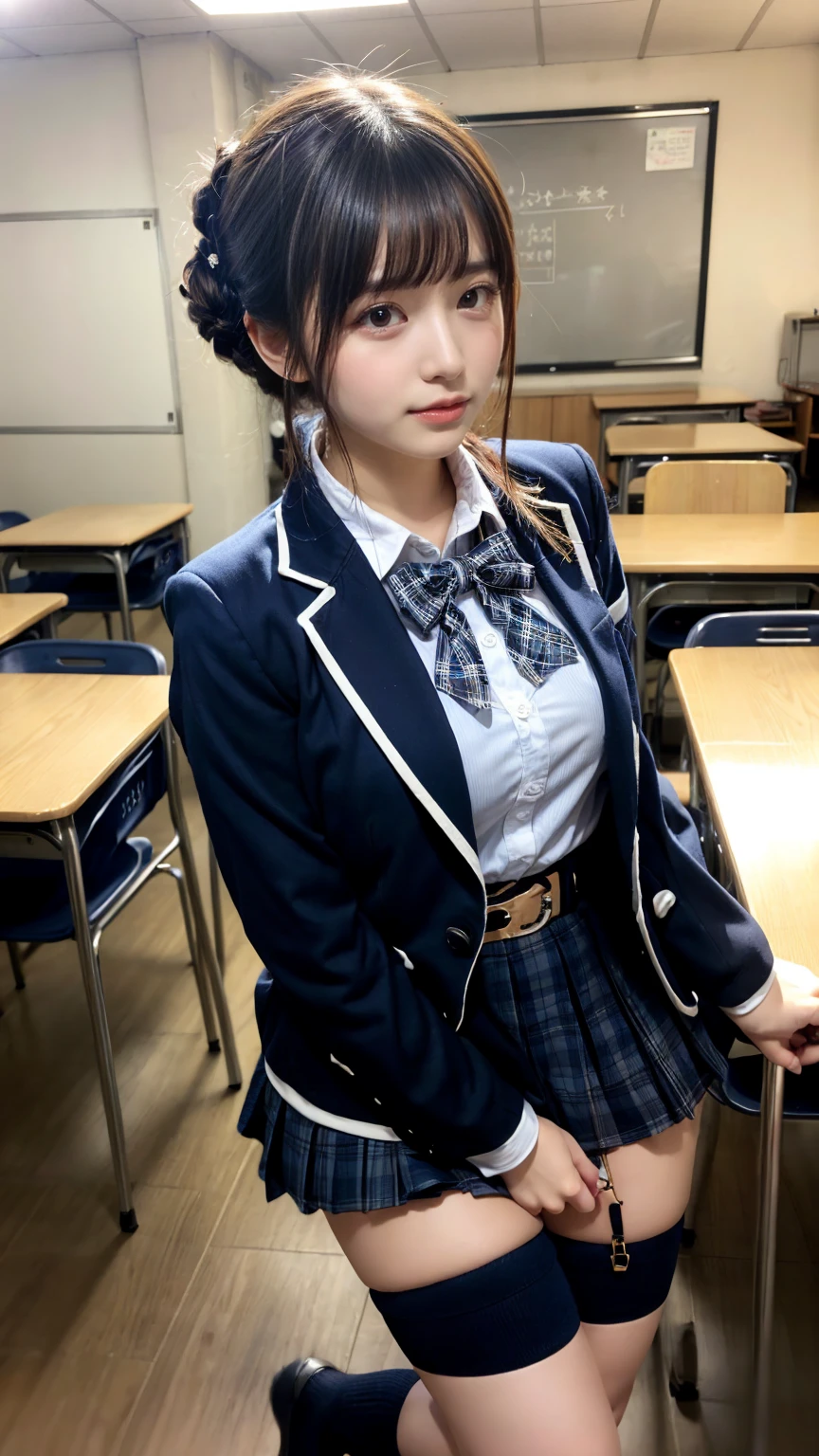 masterpiece, best quality, illustration, Super detailed, fine details, High resolution, 8K,wall paper, perfect dynamic composition,(Details High quality, realistic depiction of eyes:1.3), from side, High School Classroom、High school girl uniform、blazer 、Super Short Check Uniform Skirt、Navy blue high socks、garterbelts、plump breasts, Disturbed uniform, (updo:1.2), black hair color, large breasts, Big Natural Color Lip, bold sexy pose, (perfect body shape), crying a little、20 year old girl、cute type, beautiful legs, hposing Gravure Idol, Voluptuous thighs