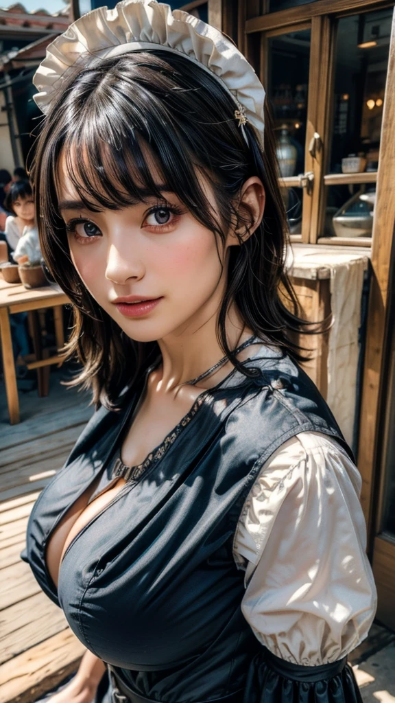 (Absurdly , high quality , Super detailed:1.2 ) ,( Handcrafted details ) , (Highly detailed beautiful face:1.4),masterpiece, Highest quality, High resolution, Absurd, 8K, 4K, Official Art,, , (flat_color:0.9),, , One girl, big_chest, Maid clothes, 灰colorの髪の毛, , ,  ((Natural big breasts:1.2))