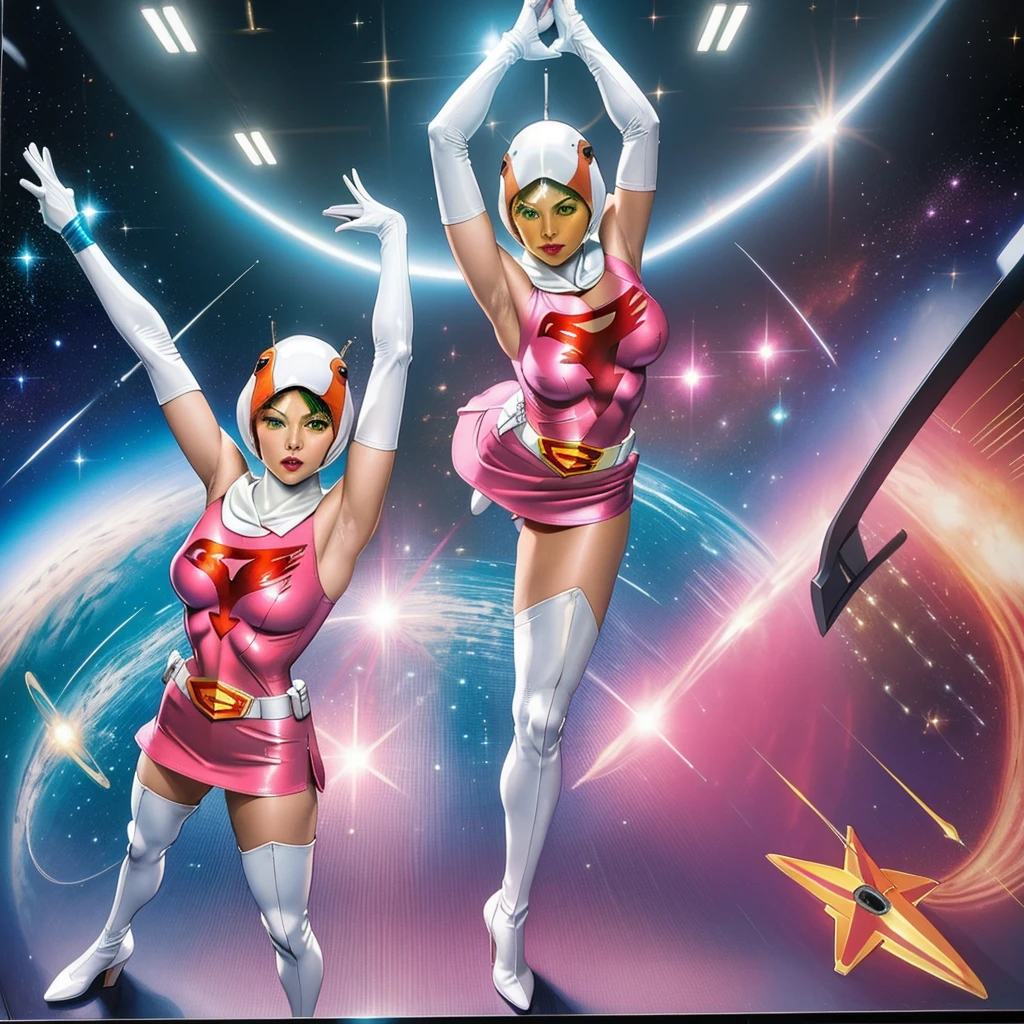 Transform the USS Enterprise NCC-1701-D and its crew, enormous tits, into vibrant pop art characters, with bold colors and comic book-style effects. Think of the iconic style of Roy Lichtenstein or Andy Warhol.