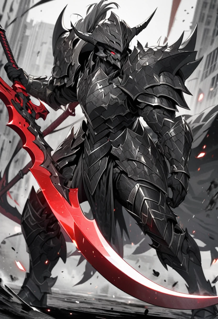 a extremely detailed warrior wearing dark grey colored scale armor set with draconic wielding a scythe with a crimson blade