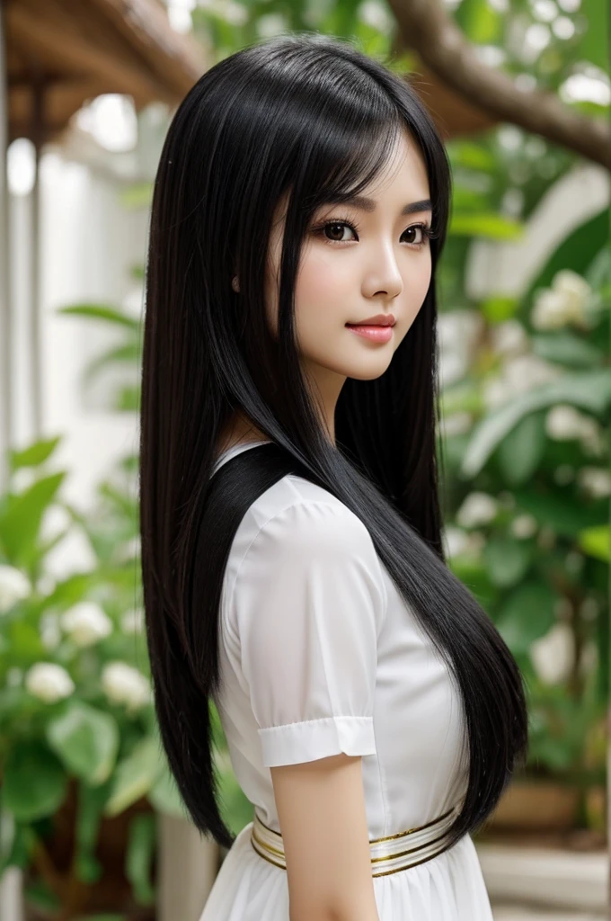 A beautiful woman, like a picture,wear Thai chotet,slender face, 30 years old, white skin, long shiny black hair, sweet eyes, hints of brown.