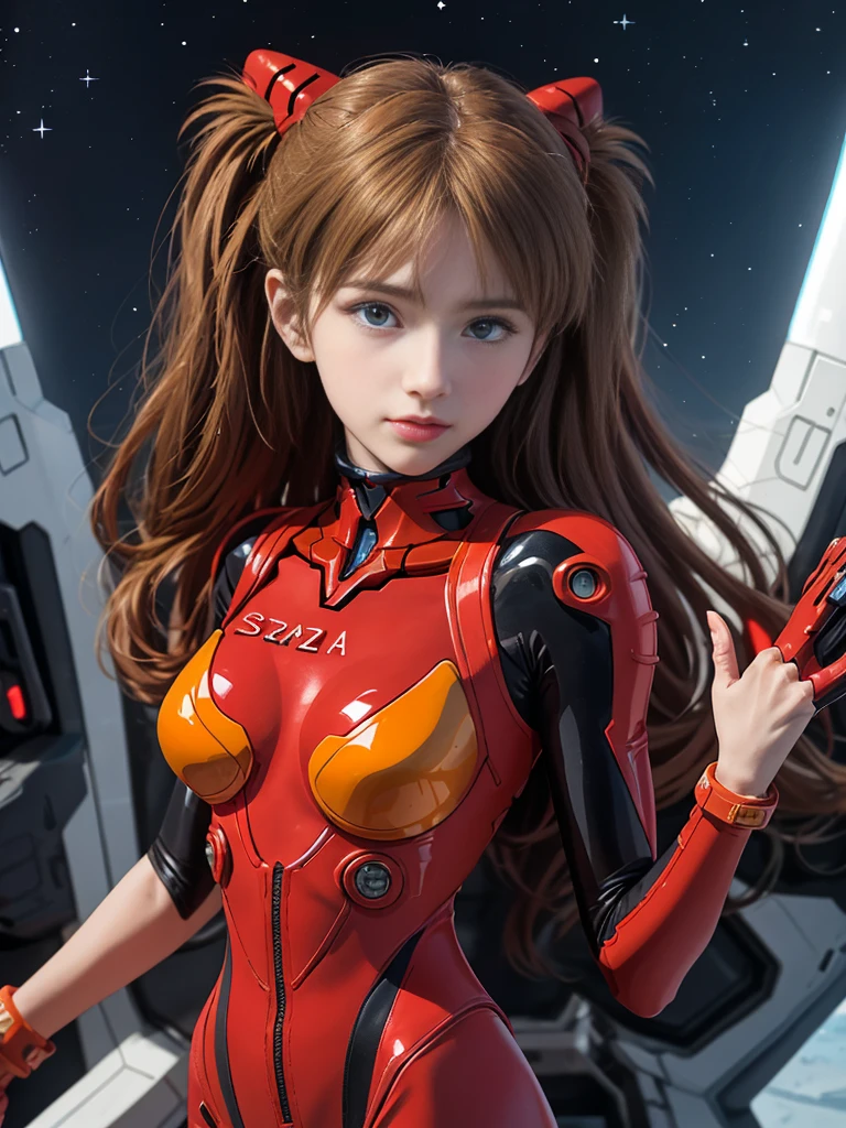 （Overlooking figure），dynamic angle，dynamic pose，super detailed，figure，close-up of，straight，1 girl huge big tits，Soul Asuka Langley，
 （（Soryu Asuka Langley，interface headset，red bodysuit：1.5，bionde）），Her eyes were shining like dream-like stars，（glow eye：1.233），（beautiful and delicate eyes：1.1），（Expressionlessly，please keep your mouth shut），（stand），
（Mechanical room with tools and spaceship windows in a white spaceship），
（night：1.2），dream-like， [[thin fingers and hands：0.55]：：0.85]，（finger details），