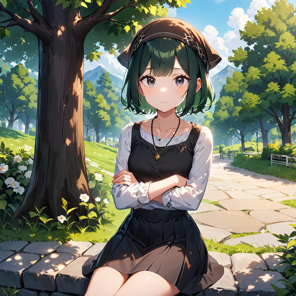 1girl, solo, necklace, jewelry, black eyes, looking at viewer, crossed arms, green hair, tree, short hair, head scarf, outdoors, sitting, black hair, skirt, shirt, ((medium quality)), ((medium quality))