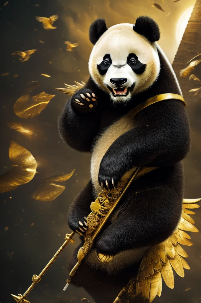 красная panda, panda, rage, anger, despondency, feathers, wings, burning eyes, night, pyramids, Egypt, gold, ears, claws, planets