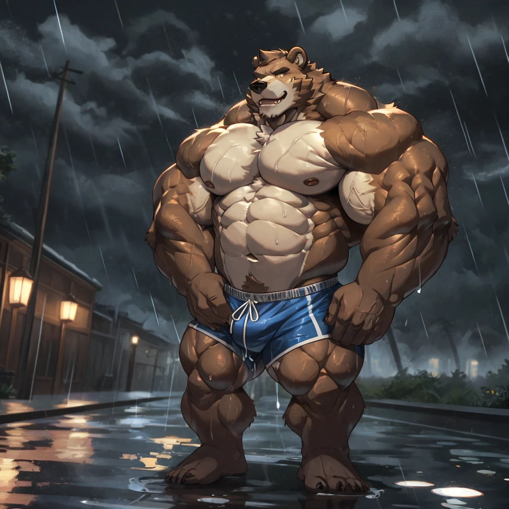 1boy, solo, muscular old man (grizzly bear), huge muscular, brown fur, short hair, wearing gym shorts, shirtless, (cinematic rain vfx background), dark background, wet