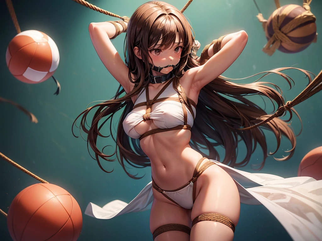 (depict girl surrounded by ropes, long brown hair, straight hair), gymnase, shy, (((bondage))), (((ball gag))), (bound with ropes), (arms behind back), ropes around chest), spread legs, sexy white panty, really nice hips, (Masterpiece, Excellent, complex details), delicate girl, delicate face