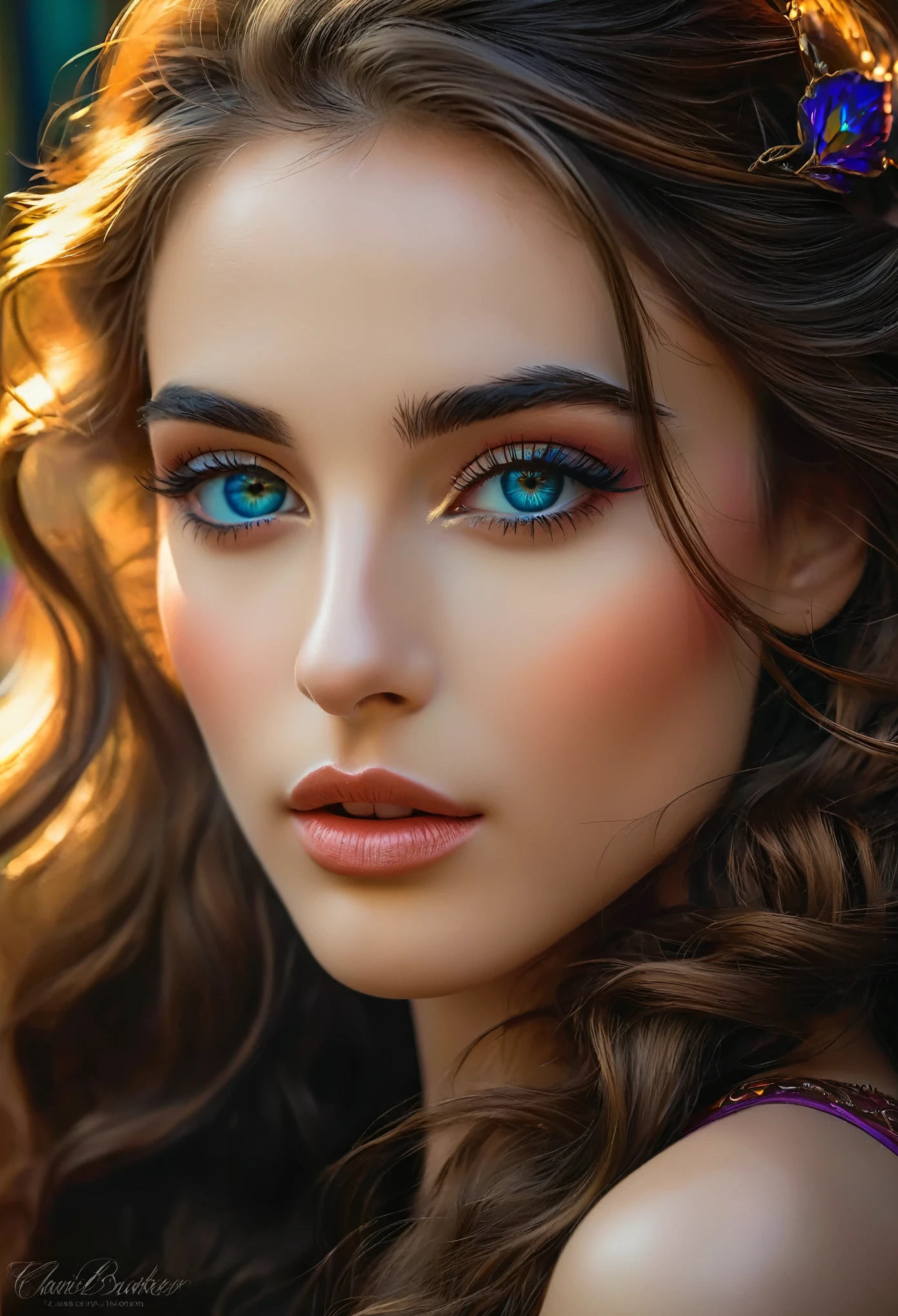 (masterpiece, Highest quality, Highest quality, Official Art, beautifully, aesthetic:1.2),(One girl:1.3), One girl BREAK stained glass a, (She is half French, and is a stunning beauty with detailed eyes and a high nose:1.1), thick eyebrows, detailed facial features, long graceful neck, rt, Colored Glass, Lead wire, Light transmission BREAK Vivid colors, Intricate Design, Glowing effect, Spiritual atmosphere, (She is half French, and is a stunning beauty with detailed eyes and a high nose:1.1), thick eyebrows, detailed facial features, long graceful neck, flowing locks of hair, poised and elegant posture, dreamy atmosphere, Surrealism, mystical aura, Charlie Bowater,