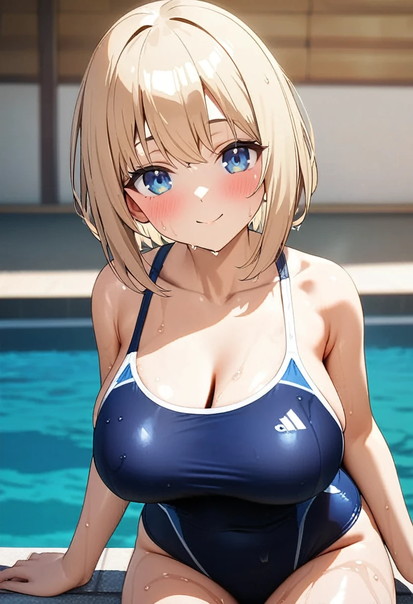 1 girl, solo, tall girl, beige hair,short beige hair, straight short hair, golr eyes, (blue school swimsuit:1.2), (Full Breasts), High Height, masterpiece, from front, cowboy shot, high resolution, shiny, full body, beautiful, A cute smile that makes the viewer happy, highly detailed beautiful face and eyes, looking at viewer, blue school swim wear,,in poolside,Wet Dress Competition Swimwear,Competition Swimsuit Slip,School swim wear,wetted skin,Wet face, (The 8k quality,),(Image Mode Ultra HD),
