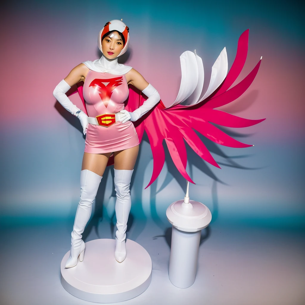 ANI_CLASSIC_jun_gatchaman_ownwaifu,1girl, ,good anatomy, masterpiece, best quality,realistic, hyperrealistic, 16k hdr,breasts,green eyes,lips,large breasts,lipstick,makeup,gloves,cape,helmet,belt,elbow gloves,white gloves,mask,ultra miniskirt,leotard,spacesuit,white tight overknee highheels boots,pink dress,superhero,bodysuit,cleavage,erected nipples,((stand pose,hands on hip)),cameltoe