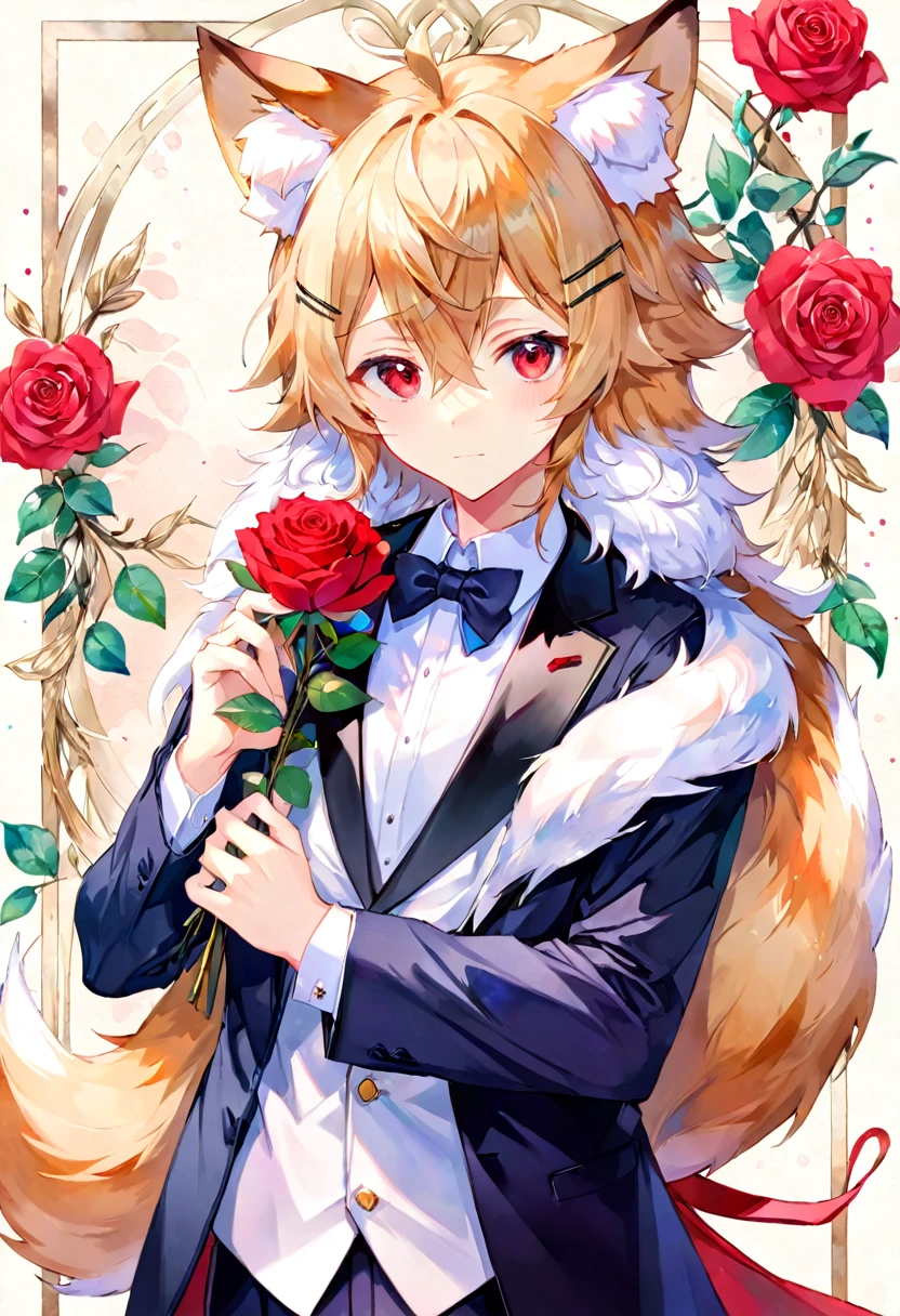 Watercolor elements, 1boy, kemono, furry, detailed body fur, animal face, animal hand, Handsome boy in tuxedo holding a red rose and looking at viewer,