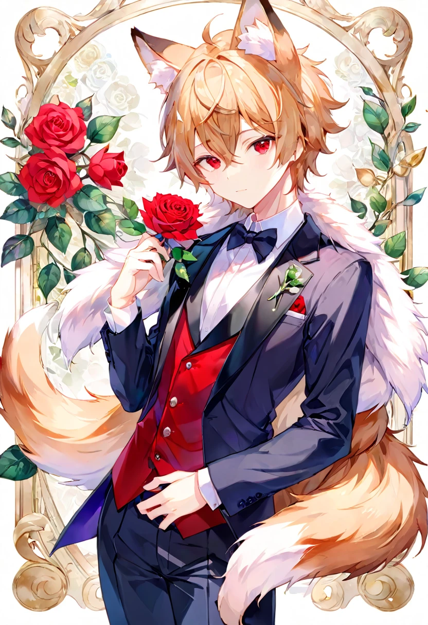 Watercolor elements, 1boy, kemono, furry, detailed body fur, animal face, animal hand, Handsome boy in tuxedo holding a red rose and looking at viewer,