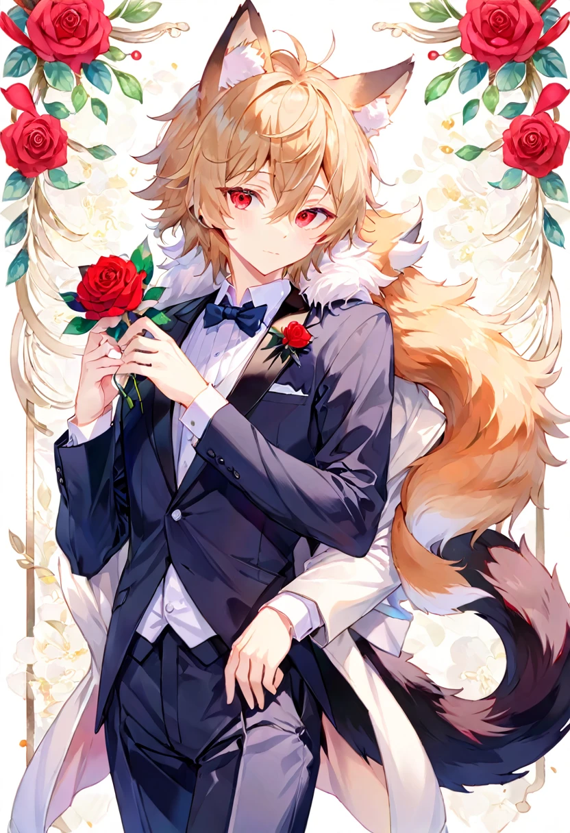 Watercolor elements, 1boy, kemono, furry, detailed body fur, animal face, animal hand, Handsome boy in tuxedo holding a red rose and looking at viewer,