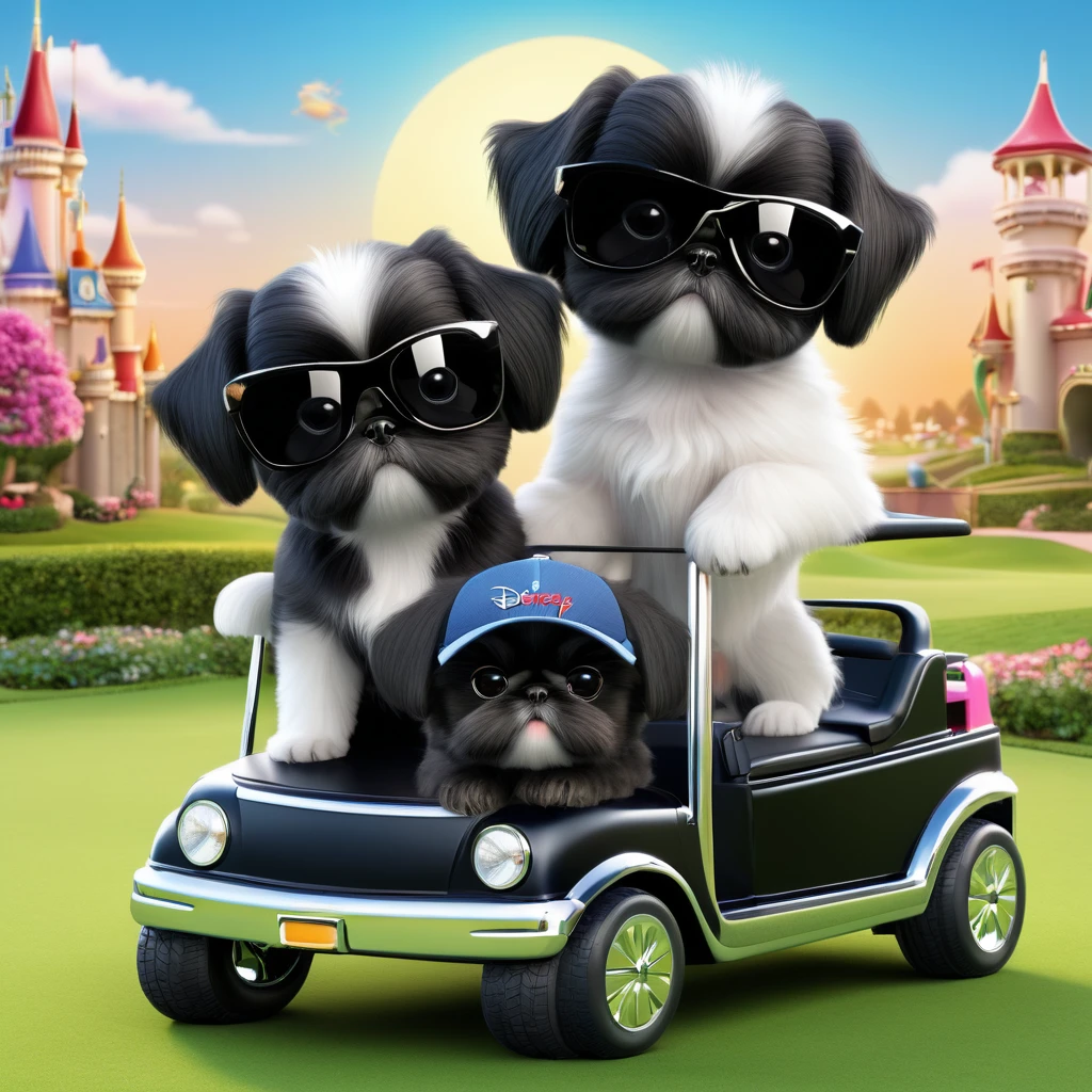 2 Adorable small black Shih Tzu puppies wearing sunglasses wreck golf cart Disney background 3d cartoon 3d render disney pixar style