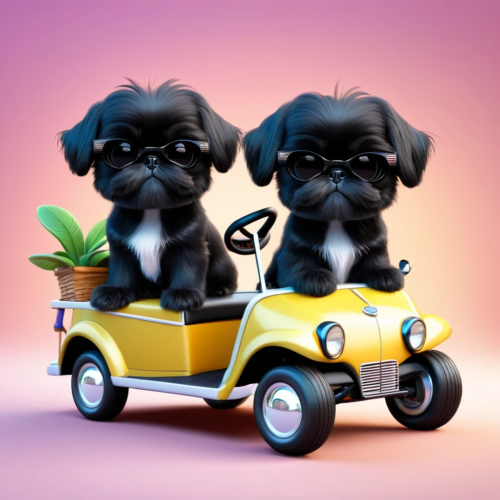 2 Adorable small black Shih Tzu puppies wearing sunglasses wreck golf cart Disney background 3d cartoon 3d render disney pixar style