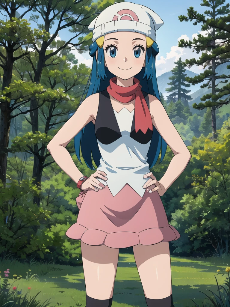 dawn \(pokemon\), forest, light rays, 1girl, solo, cowboy shot, looking at viewer, blue eyes, blue hair, smile, closed mouth, hands on hips, beanie, hairclip, sleeveless shirt, skirt, kneehighs, scarf,