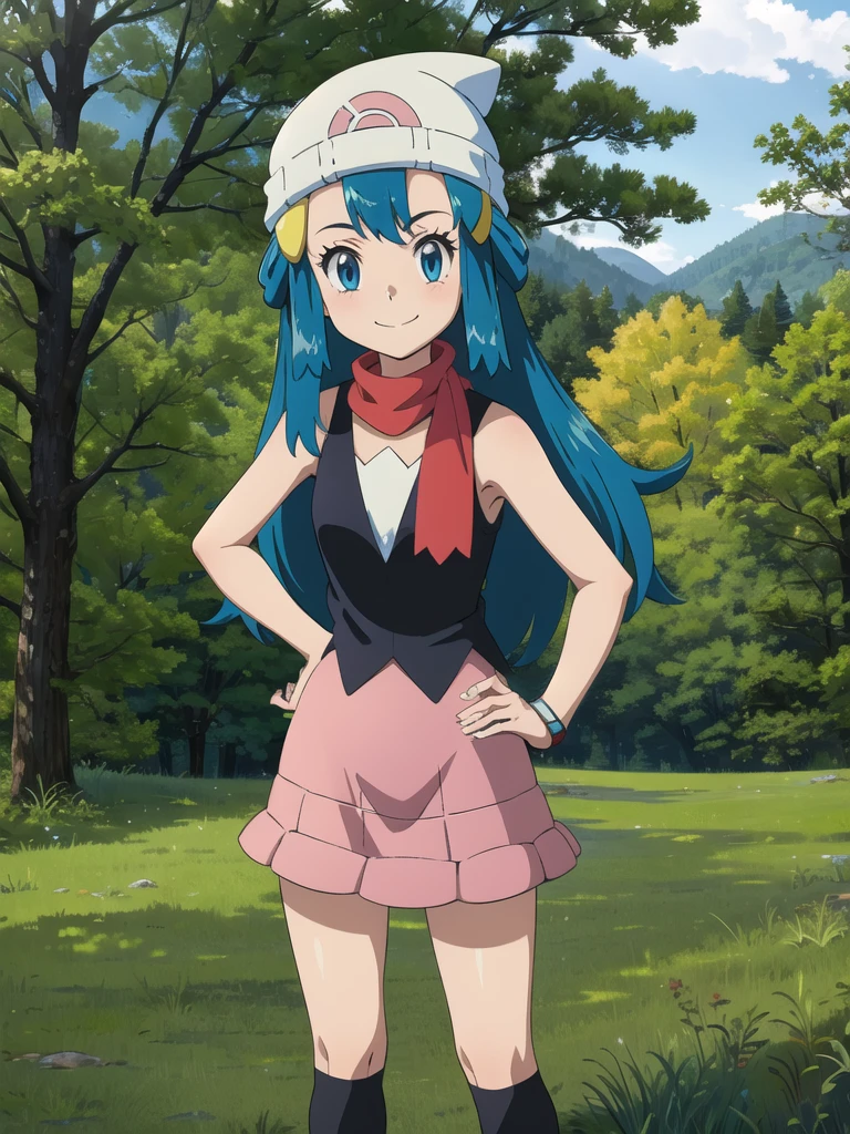 dawn \(pokemon\), forest, light rays, 1girl, solo, cowboy shot, looking at viewer, blue eyes, blue hair, smile, closed mouth, hands on hips, beanie, hairclip, sleeveless shirt, skirt, kneehighs, scarf,