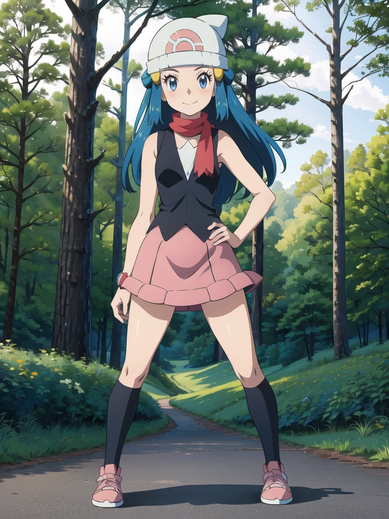 dawn \(pokemon\), forest, light rays, 1girl, solo, cowboy shot, looking at viewer, blue eyes, blue hair, smile, closed mouth, hands on hips, beanie, hairclip, sleeveless shirt, skirt, kneehighs, scarf,