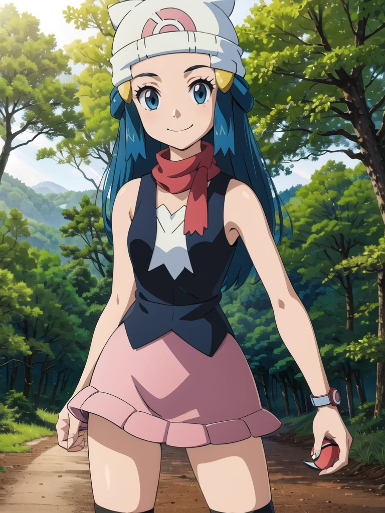 dawn \(pokemon\), forest, light rays, 1girl, solo, cowboy shot, looking at viewer, blue eyes, blue hair, smile, closed mouth, hands on hips, beanie, hairclip, sleeveless shirt, skirt, kneehighs, scarf,