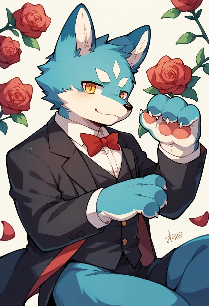 Watercolor elements, 1boy, kemono, furry, detailed body fur, animal face, animal hand, Handsome boy in tuxedo holding a red rose and looking at viewer,