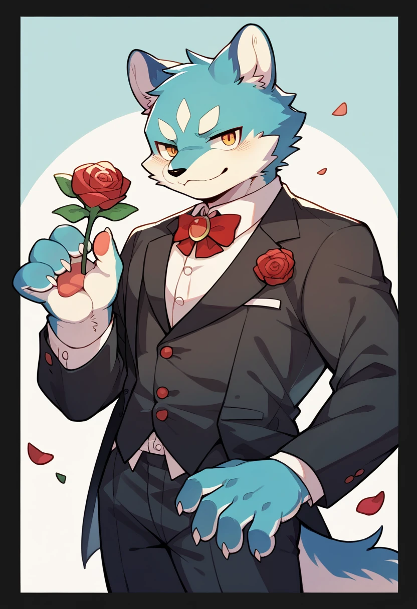 Watercolor elements, 1boy, kemono, furry, detailed body fur, animal face, animal hand, Handsome boy in tuxedo holding a red rose and looking at viewer,