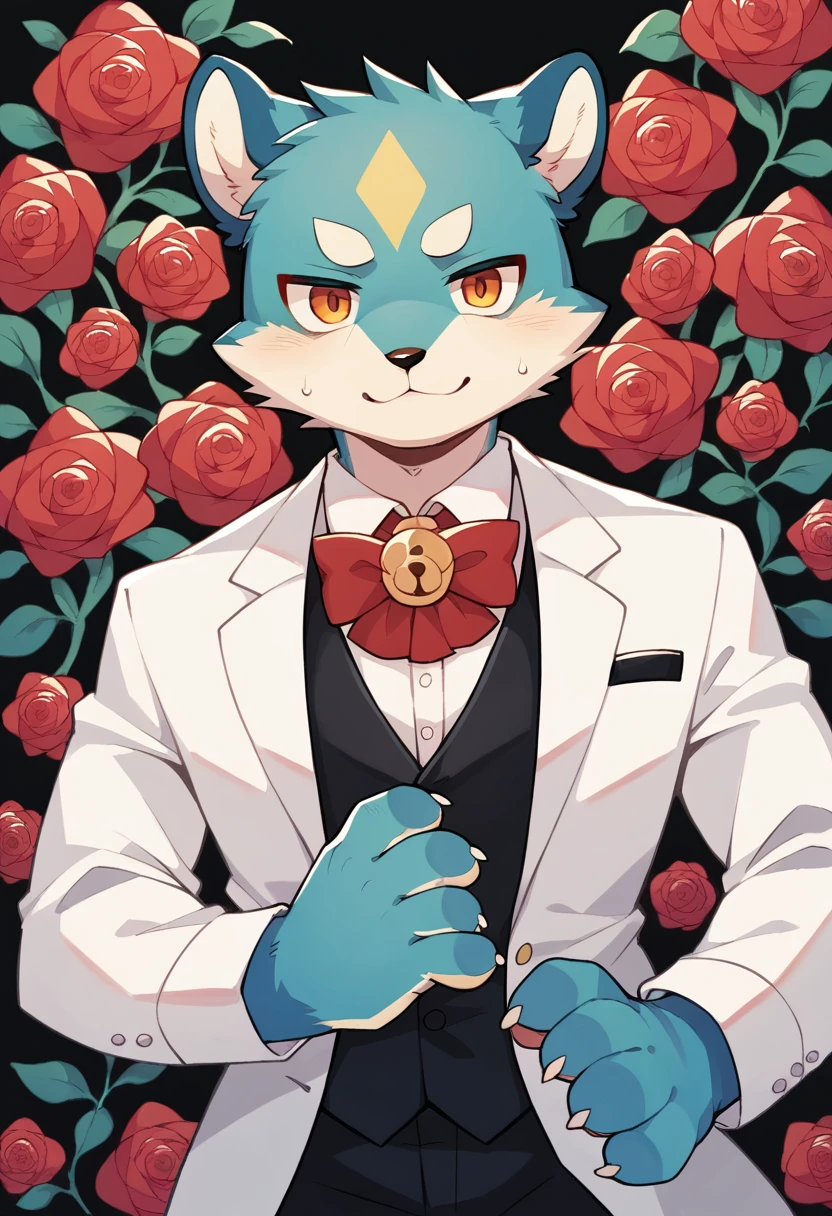 Watercolor elements, 1boy, kemono, furry, detailed body fur, animal face, animal hand, Handsome boy in tuxedo holding a red rose and looking at viewer,