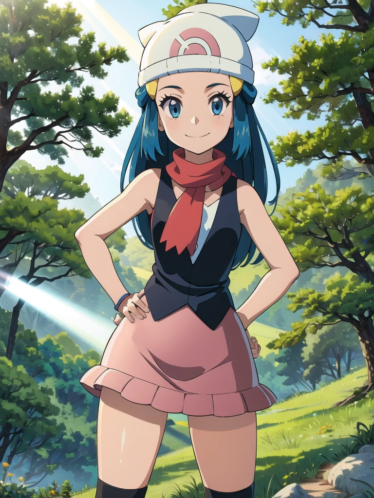 dawn \(pokemon\), forest, light rays, 1girl, solo, cowboy shot, looking at viewer, blue eyes, blue hair, smile, closed mouth, hands on hips, beanie, hairclip, sleeveless shirt, skirt, kneehighs, scarf,