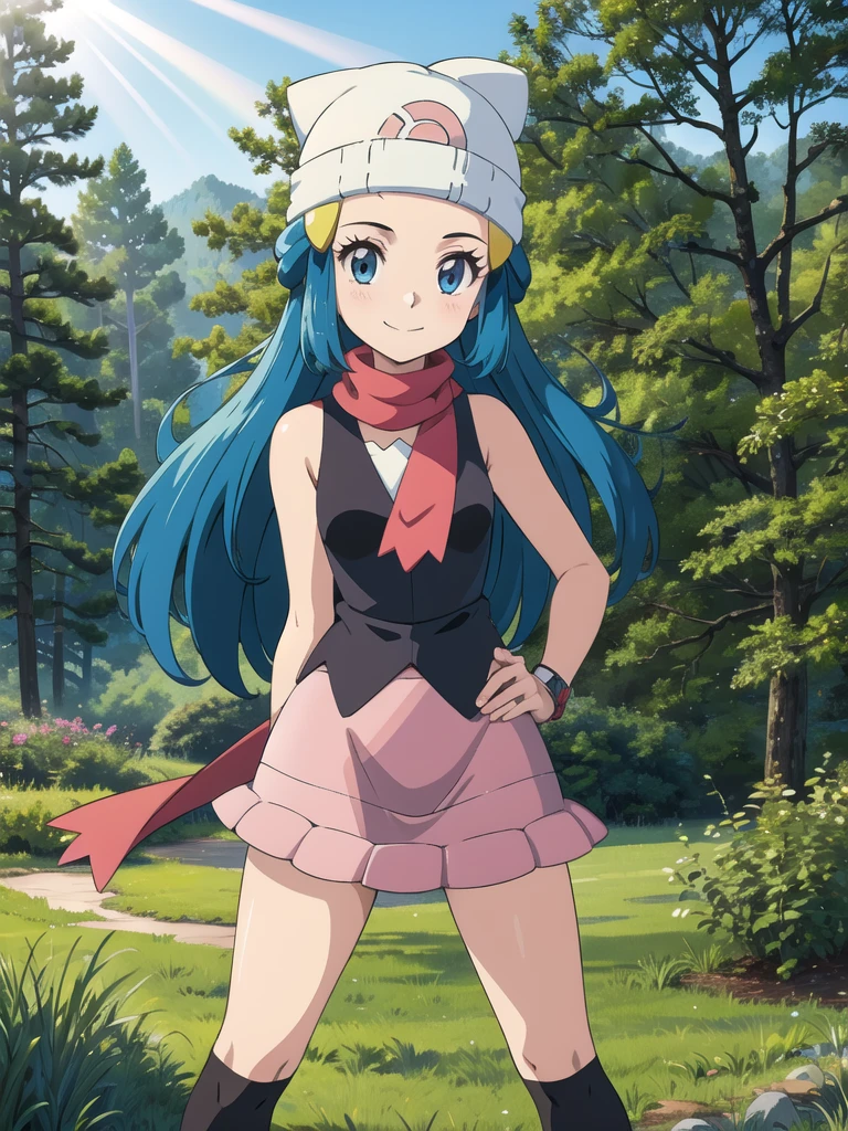 dawn \(pokemon\), forest, light rays, 1girl, solo, cowboy shot, looking at viewer, blue eyes, blue hair, smile, closed mouth, hands on hips, beanie, hairclip, sleeveless shirt, skirt, kneehighs, scarf,