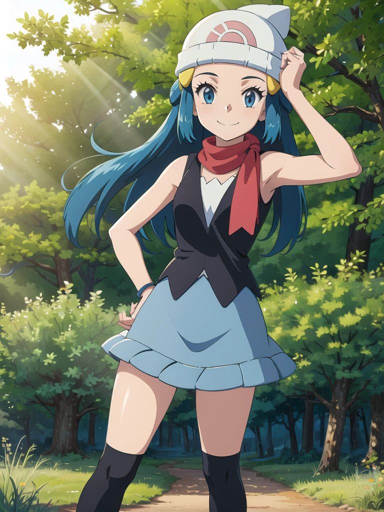 dawn \(pokemon\), forest, light rays, 1girl, solo, cowboy shot, looking at viewer, blue eyes, blue hair, smile, closed mouth, hands on hips, beanie, hairclip, sleeveless shirt, skirt, kneehighs, scarf,