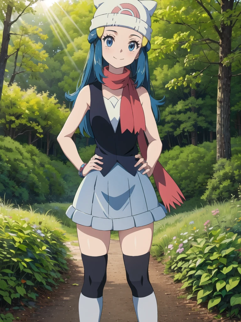 dawn \(pokemon\), forest, light rays, 1girl, solo, cowboy shot, looking at viewer, blue eyes, blue hair, smile, closed mouth, hands on hips, beanie, hairclip, sleeveless shirt, skirt, kneehighs, scarf,