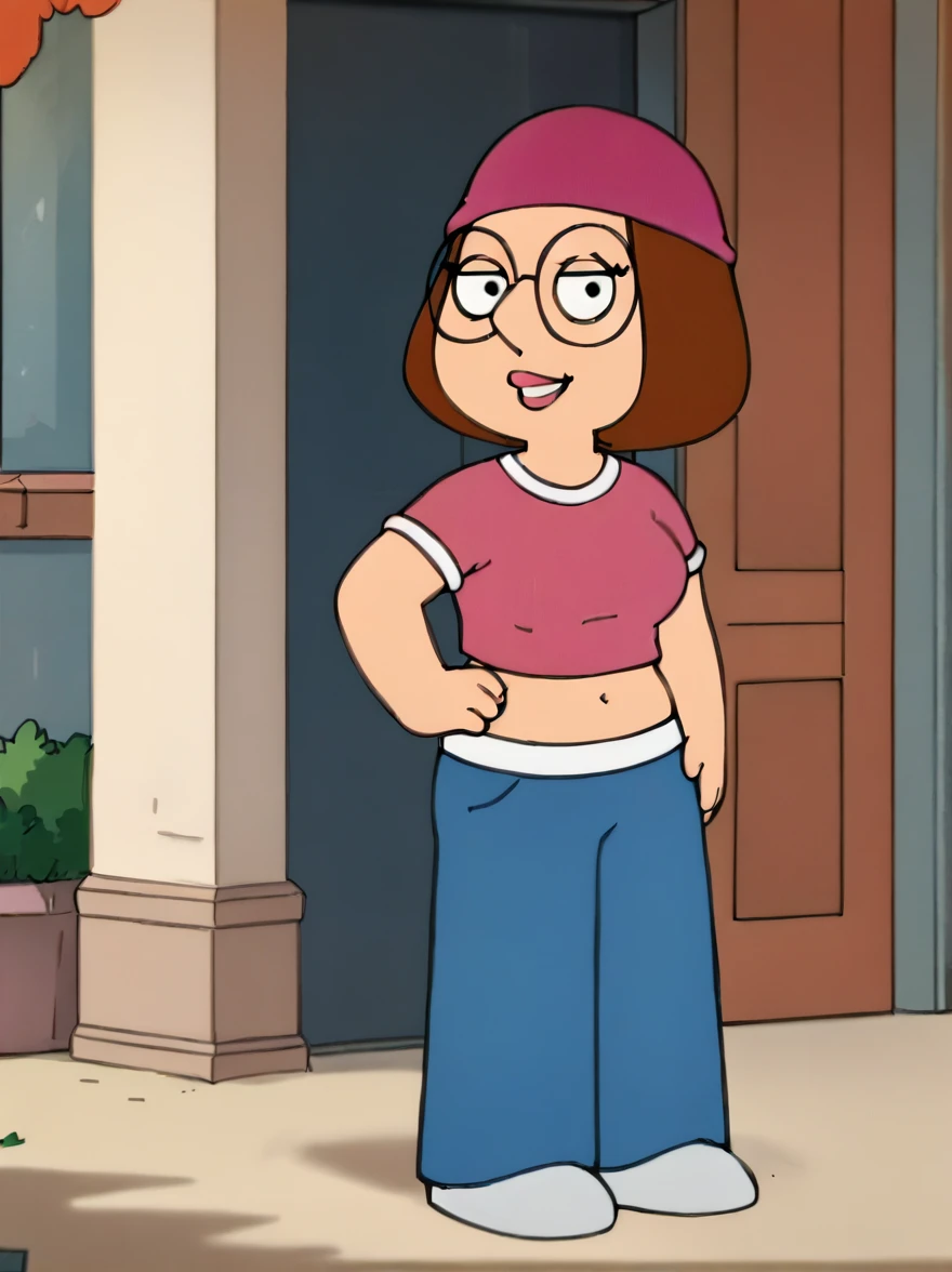 meg, brown hair, 1girl, glasses, solo, short hair, flat color, blue pants, beanie, pink crop-top,standing, hand on own hip,  looking at viewer, smile, extra large breasts,