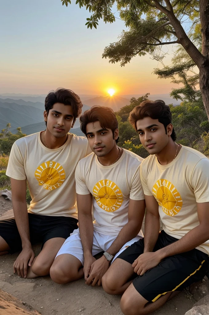 Four best friends, suraj,prince,ayush, and rohit,sitting on a mountain during sunset.
Capture the warmth of the sun with a golden-yellow
tone Theyare all wearing white T-shirts with their names
written in black.