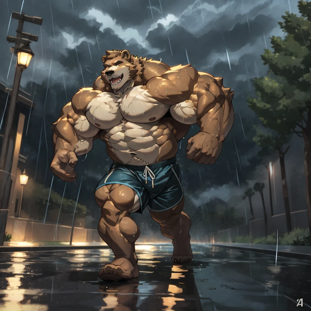 1boy, solo, muscular old man (grizzly bear), huge muscular, brown fur, short hair, wearing gym shorts, shirtless, (cinematic rain vfx background), dark background, wet, running