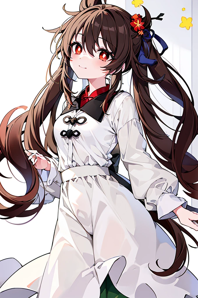 (by ikky:0.9), hutao \(genshin impact\), (cowboy shot), (anime style), (fantasy theme), (in a room, night), ((white background, all white background)), (looking at viewer, hand on hair, making a bun), (gentle smile, warm and inviting), (brown hair, small breasts, black nails), (twintails, red eyes with white flower in pupils), (wearing light green nighty shirt and light green pants with many small stars, moons, and satellites), (pretty open shirt), (cozy and intimate setting, soft lighting), (delicate features highlighted, intricate designs on pajamas), (beautiful color, detailed, aesthetic), (amazing quality: 1.4)