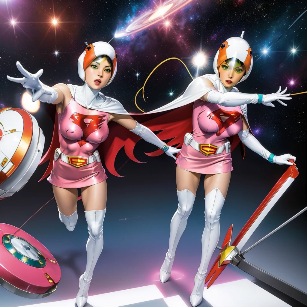 ANI_CLASSIC_jun_gatchaman_ownwaifu,1girl, 15 years old,good anatomy, masterpiece, best quality,realistic, hyperrealistic, 16k hdr,breasts,green eyes,lips,large breasts,lipstick,makeup,gloves,cape,helmet,belt,elbow gloves,white gloves,mask,ultra miniskirt,leotard,spacesuit,white tight overknee highheels boots,pink dress,superhero,bodysuit,cleavage,erected nipples,((fighting poses)),cameltoe
