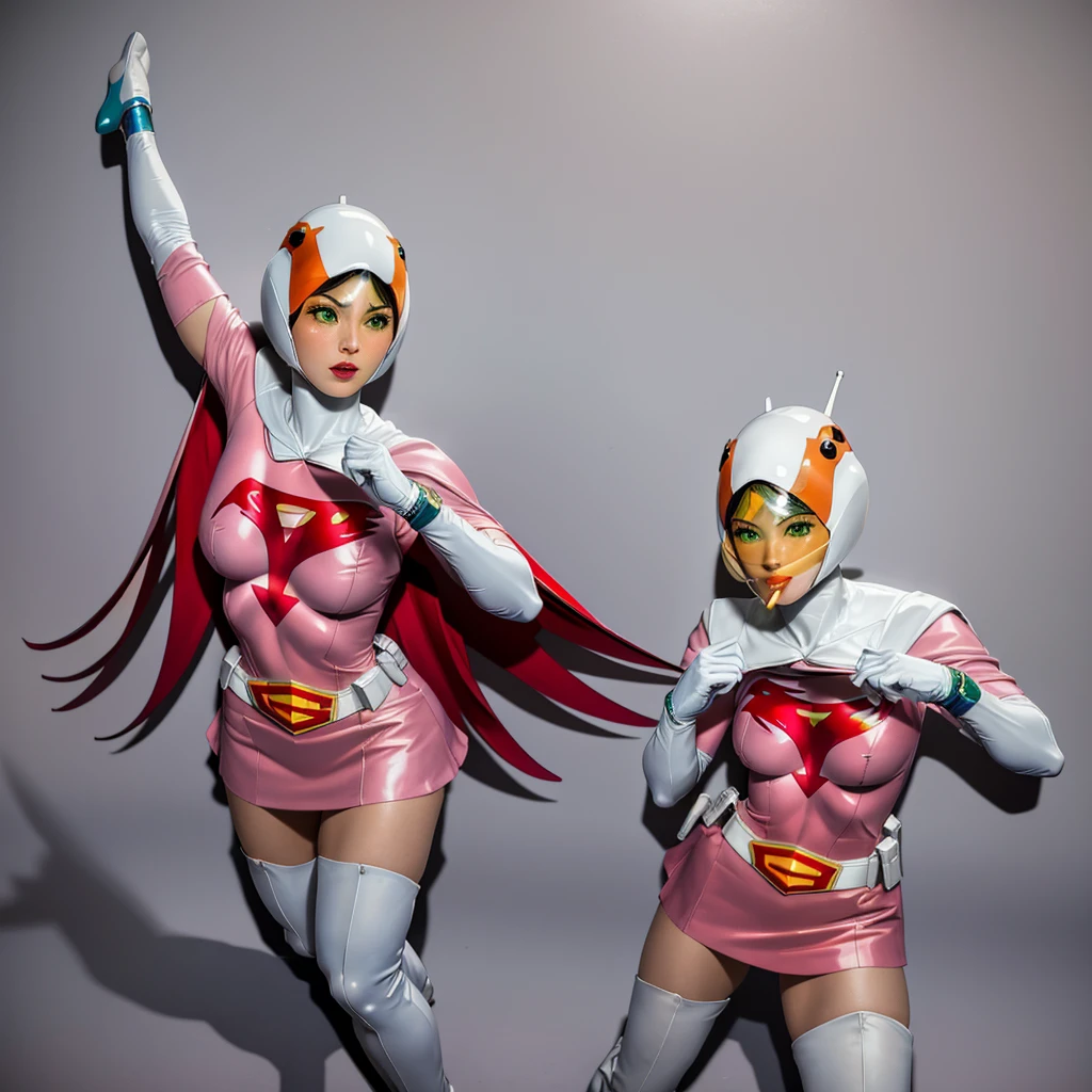 ANI_CLASSIC_jun_gatchaman_ownwaifu,1girl, ,good anatomy, masterpiece, best quality,realistic, hyperrealistic, 16k hdr,breasts,green eyes,lips,large breasts,lipstick,makeup,gloves,cape,helmet,belt,elbow gloves,white gloves,mask,ultra miniskirt,leotard,spacesuit,white tight overknee highheels boots,pink dress,superhero,bodysuit,cleavage,erected nipples,((fighting poses)),cameltoe