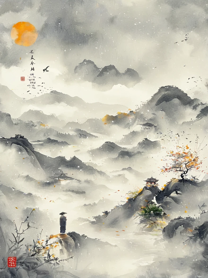 中国Ink Painting, Gray and White, Minimum, Wire, White background,The Trail, Minimalism, Wire性风格, Huge negative space, Ink Painting, Abstract,Blood-stained sunset,solitary Man